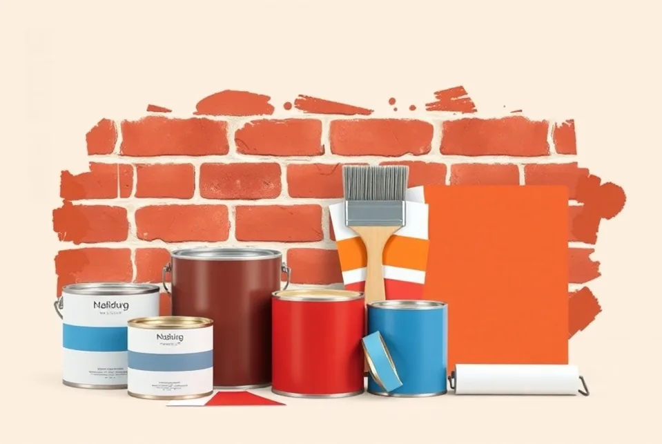 Pots de peinture, nuancier, brosses et rouleaux disposés à plat
