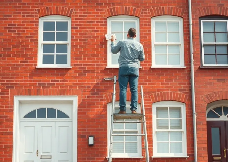Peintre sur échafaudage traitant la façade d'une maison