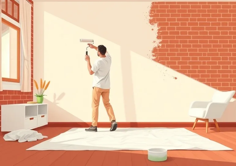 Peintre appliquant la peinture au rouleau sur un mur de salon